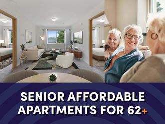 Photo of interior of apartment with text that reads senior affordable apartments for ages 62 plus