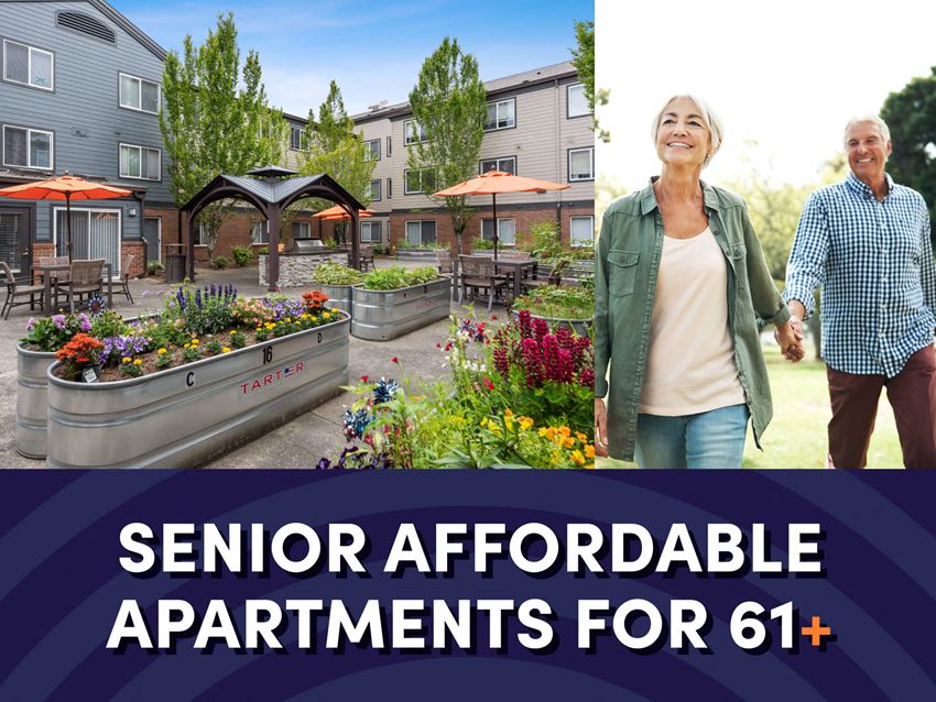 Photo of courtyard with text that reads senior affordable apartments for ages 61 plus - Photo Gallery 1