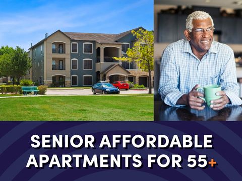 Photo of a man sitting in front of an apartment exterior with the word senior affordable apartments for ages 55 plus