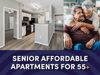 Photo of a man and a woman sitting in an apartment with the text senior affordable apartments for 55 plus