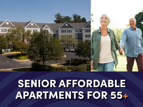 Photo of a man and a woman walking in front of an apartment exterior with the text senior affordable apartments for ages 55 plus