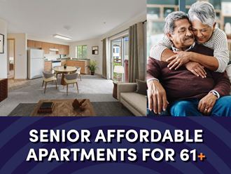 Photo of interior of apartment with text that reads senior affordable apartments for ages 61 plus