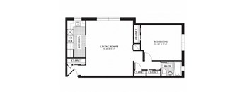 One bedroom one bathroom A1 floorplan at The Barrington Apartments in Silver Spring, MD