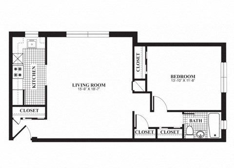 One bedroom one bathroom A1 floorplan at The Barrington Apartments in Silver Spring, MD