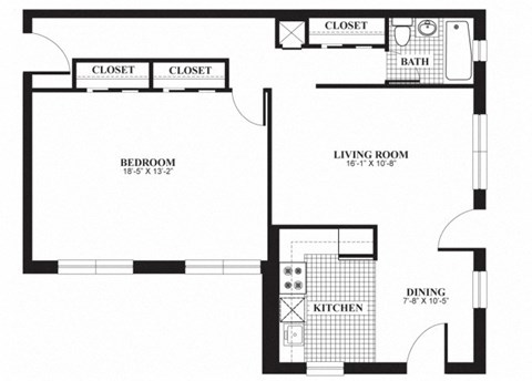 One bedroom one bathroom A2 floorplan at The Barrington Apartments in Silver Spring, MD