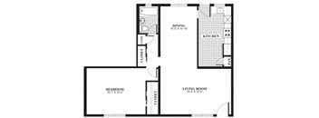 One bedroom one bathroom A4 floorplan at The Barrington Apartments in Silver Spring, MD