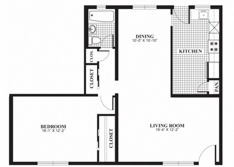 One bedroom one bathroom A4 floorplan at The Barrington Apartments in Silver Spring, MD