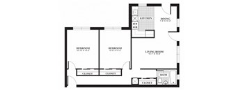 Two bedroom one bathroom B1 floorplan at The Barrington Apartments in Silver Spring, MD
