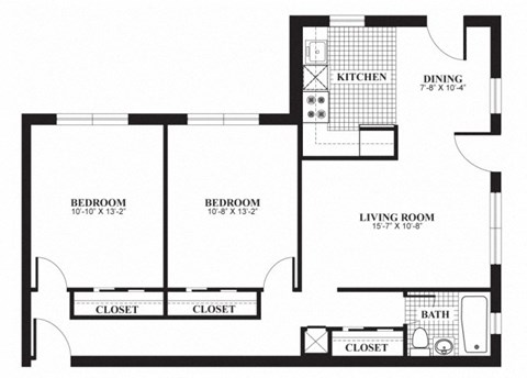 Two bedroom one bathroom B1 floorplan at The Barrington Apartments in Silver Spring, MD
