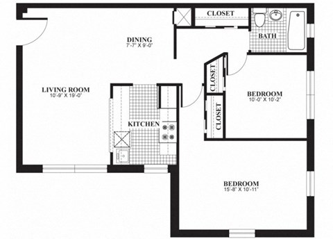 Two bedroom one bathroom B2 floorplan at The Barrington Apartments in Silver Spring, MD