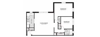 Two bedroom one bathroom B3 floorplan at The Barrington Apartments in Silver Spring, MD
