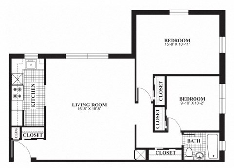 Two bedroom one bathroom B3 floorplan at The Barrington Apartments in Silver Spring, MD