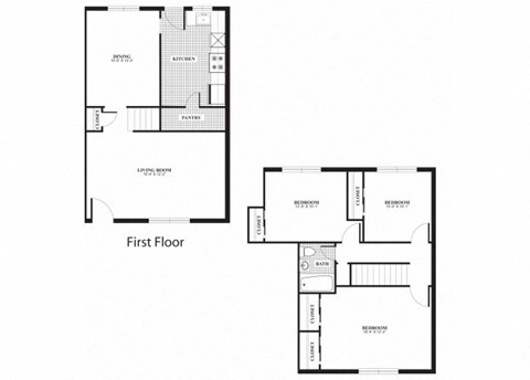 Three bedroom one bathroom C1 and C2 floorplan at The Barrington Apartments in Silver Spring, MD