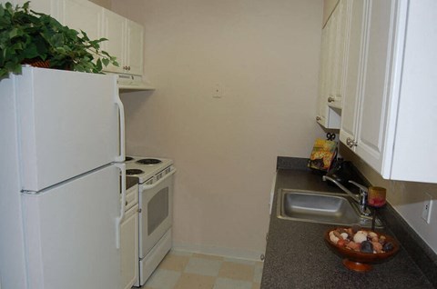 a kitchen with a stove refrigerator and a sink