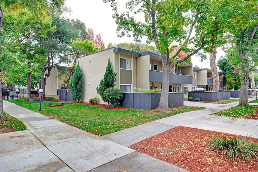 exterior shot of private balconies and patios at Trestles Apartments in San Jose, CA