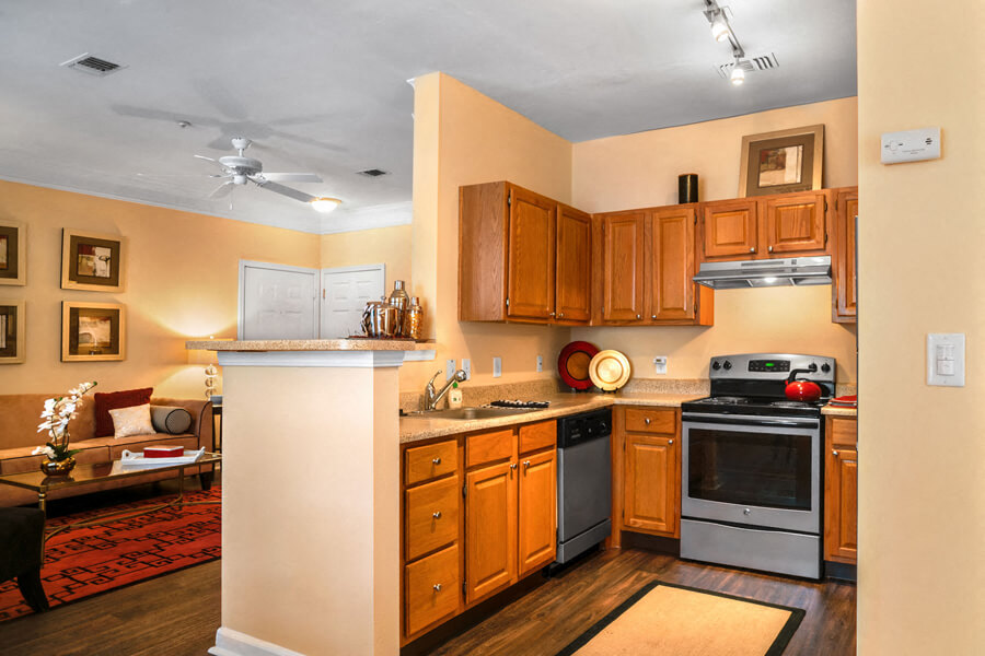 open kitchen at River Pointe at Den Rock Apartments in Lawrence, MA