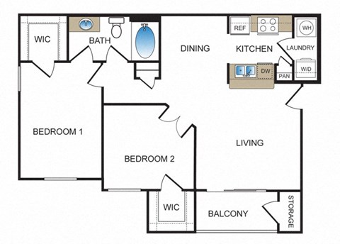 Two bedroom floor plan at Kensley Apartment Homes