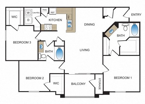 Three bedroom floor plan at Kensley Apartment Homes