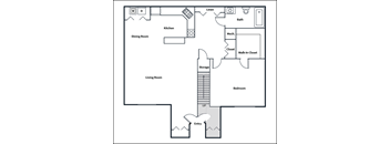 A floor plan of a house with a kitchen, dining room, living room, and bedroom.