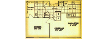 A floor plan of a house with a bedroom, living room, dining room, kitchen, and bathroom.
