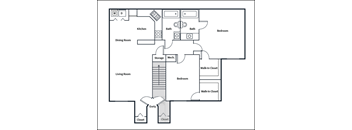 A floor plan of a house with a kitchen, dining room, living room, two bathrooms, two bedrooms, an entry, two closets, and storage and mechanicals.