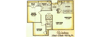 A floor plan for a 2 bedroom, 2 bath house with a total area of 925 square feet.