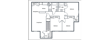 A floor plan of a house with a kitchen, dining room, living room, two bathrooms, two closets, a mech storage, and two bedrooms.