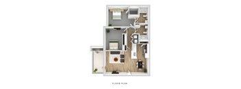 A floor plan of a house with a living room, kitchen, and two bedrooms.