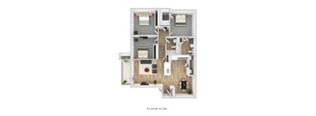A floor plan of a house with a living room, kitchen, and two bedrooms.