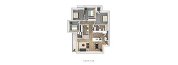 A floor plan of a house with a living room, two bedrooms, a kitchen, and a bathroom.