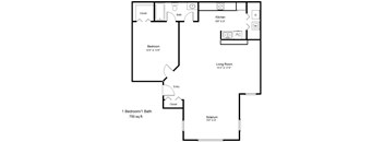 A floor plan of a small apartment with a bedroom, living room, kitchen, and bathroom.