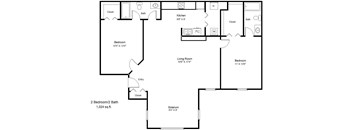 A black and white image of a floor plan for a house with two bedrooms, a living room, a kitchen, and a bathroom.