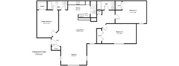 A floor plan of a house with three bedrooms and a living room.
