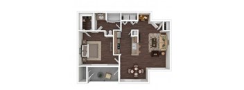 A 3D floor plan of a house showing a kitchen, living room, dining room, and two bedrooms.