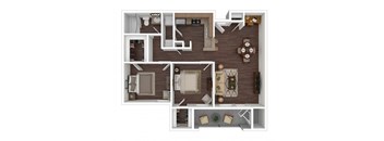A top-down view of a house layout with a living room, dining room, kitchen, and bathroom.