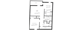A black and white floor plan of a house with labeled rooms such as bedroom, bathroom, kitchen, and living room.
