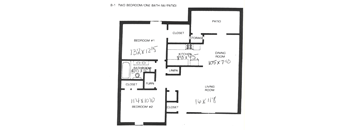 A floor plan of a two bedroom, one bath home with a patio.