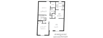 A floor plan of a two bedroom apartment with a living room and a kitchen.