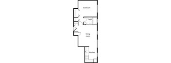 A floor plan of a small apartment with a bedroom, bathroom, living room, and kitchen.
