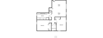 A floor plan of a home with a living room, dining room, kitchen, and two bedrooms.