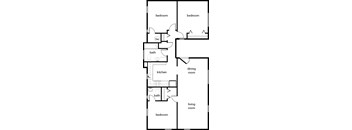 A floor plan of a house with 3 bedrooms, a dining room, a kitchen, a bath, and a living room.