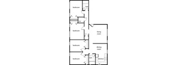 A floor plan of a house with a living room, dining room, kitchen, and four bedrooms.