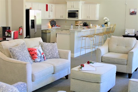 a living room with couches and chairs and a kitchen with a bar