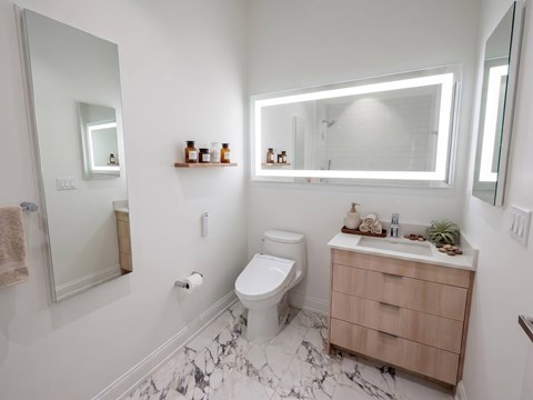 A bathroom with a toilet, sink, mirror, and shelves with bottles.