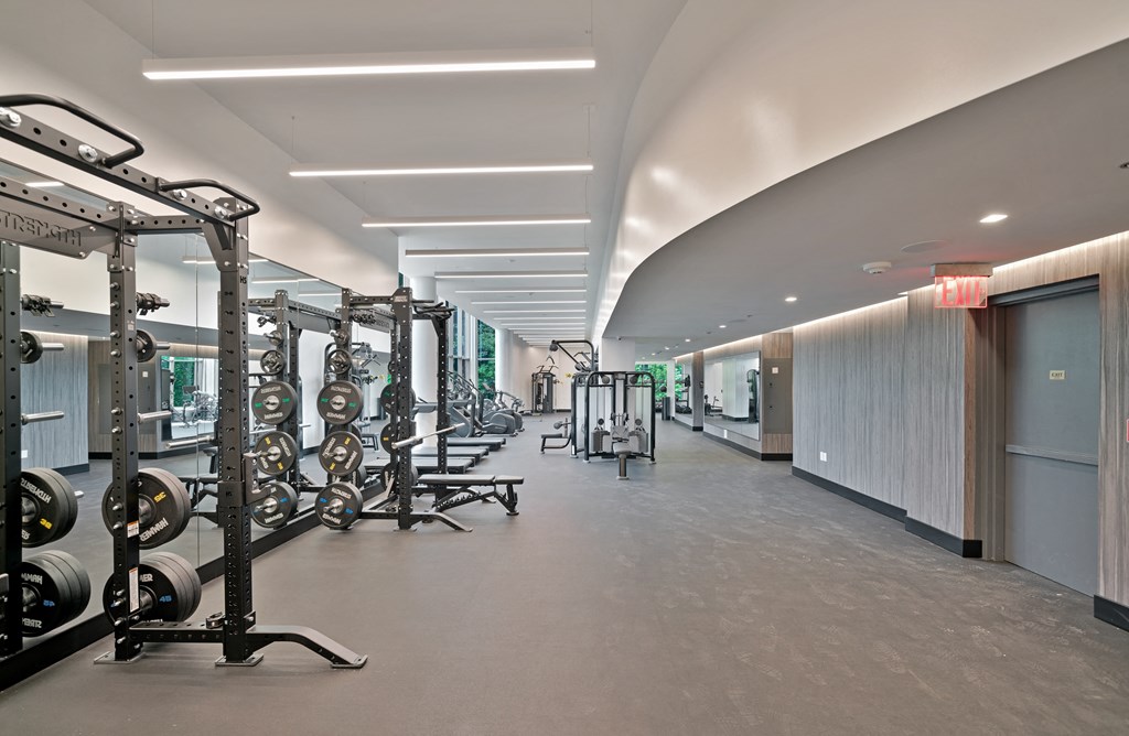 a large fitness room with weights and other exercise equipment