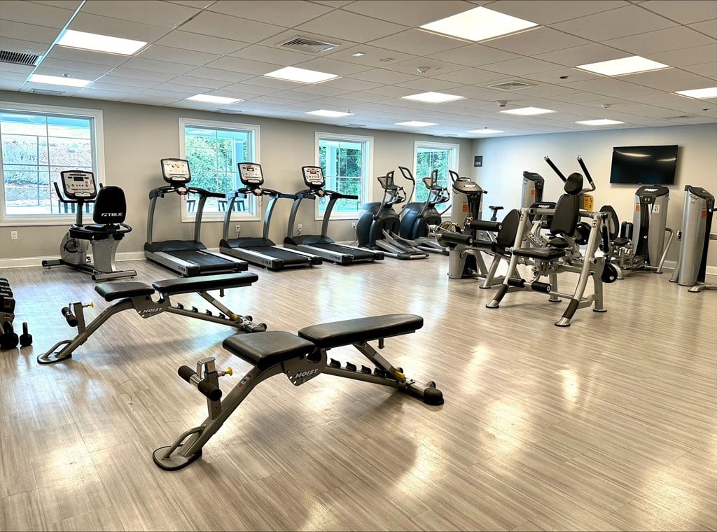 A fitness center with cardio and weight equipment, hardwood-style flooring, a TV, and four large windows.