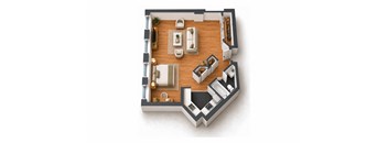 A top-down view of a modern apartment layout with a kitchen, living room, and bedrooms.