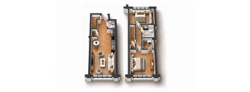 Two floor plans of a house with a living room, kitchen, and bedrooms.