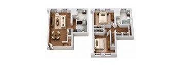 Two floor plans of a house with a living room, kitchen, and bedrooms.