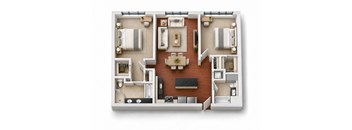 A top-down view of a house layout with a kitchen, living room, and bedrooms.